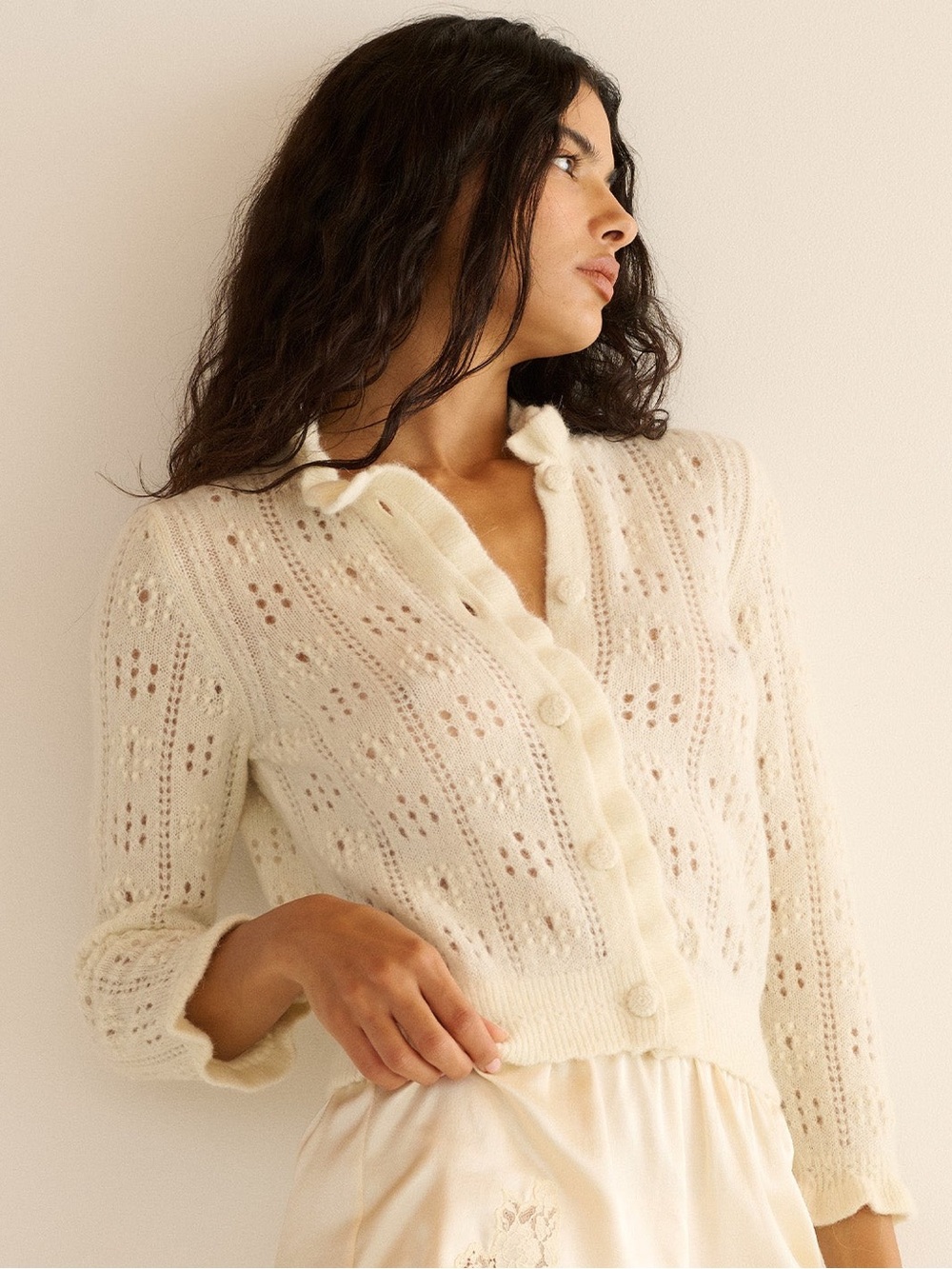 NWT Doen Claudie Alpaca Wool Pointelle Ruffle Mock Neck Sweater Cardigan Ivory